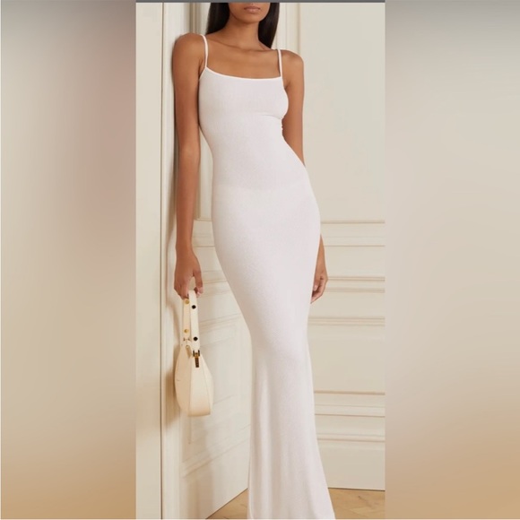 skims white dress Soft Lounge Ribbed Square Neck Maxi House Of Huntington soft and smooth modal fabric VETTESE X SKIMS SHEER MODAL
